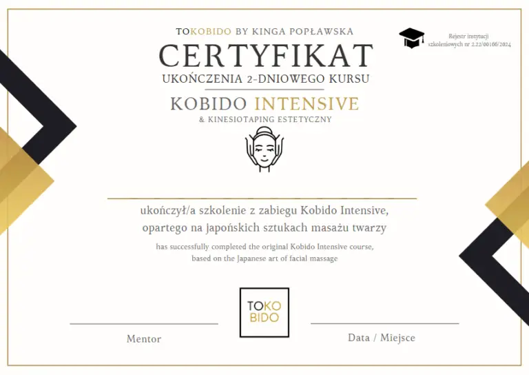 Oficjalny certyfikat ukończenia szkolenia Kobido toKobido